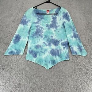 Glima Y2K Shirt Womens XL Blue Tie Dye‎ Fairy 3/4 Sleeve Handkerchief Hem Boho